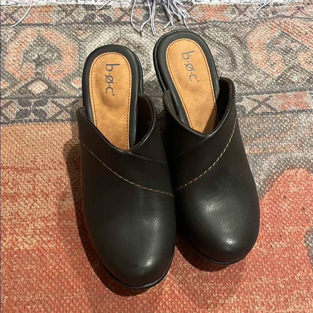 BOC Black Leather Mules with Classic Clog Design